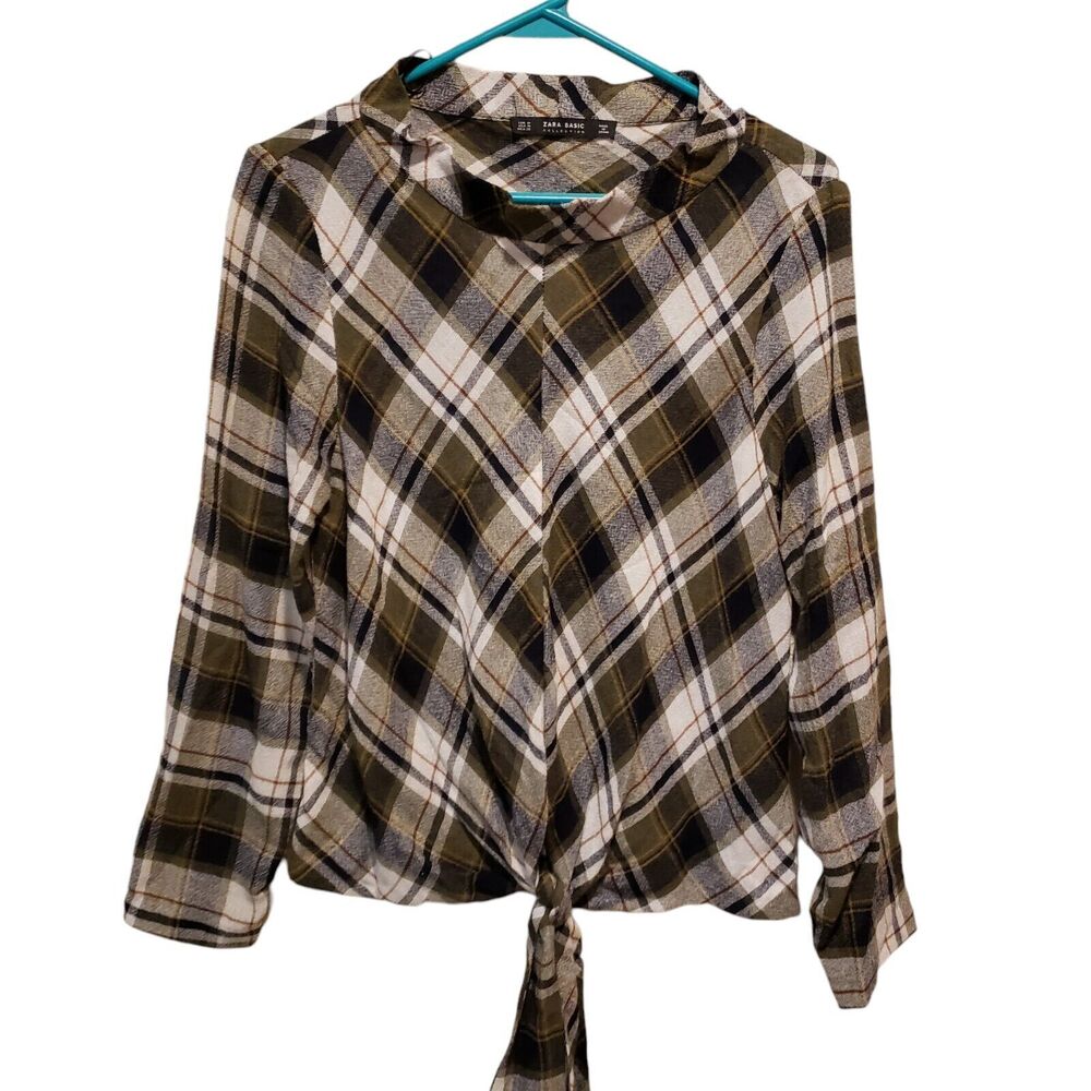 zara women small olive plaid tie front long sleeve top sz Medium